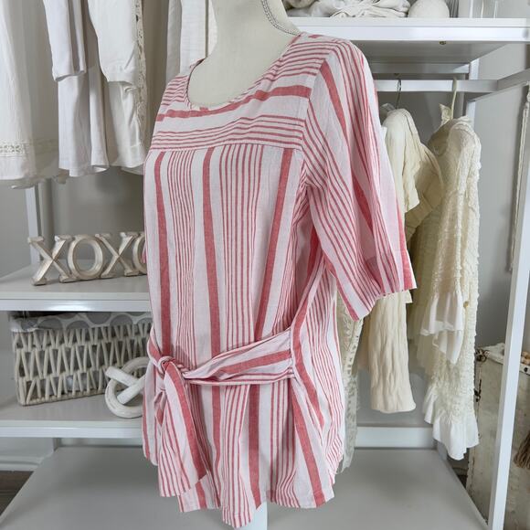 Liz Claiborne women's size medium 100% linen salmon pink & white top #2590 - Picture 2 of 12